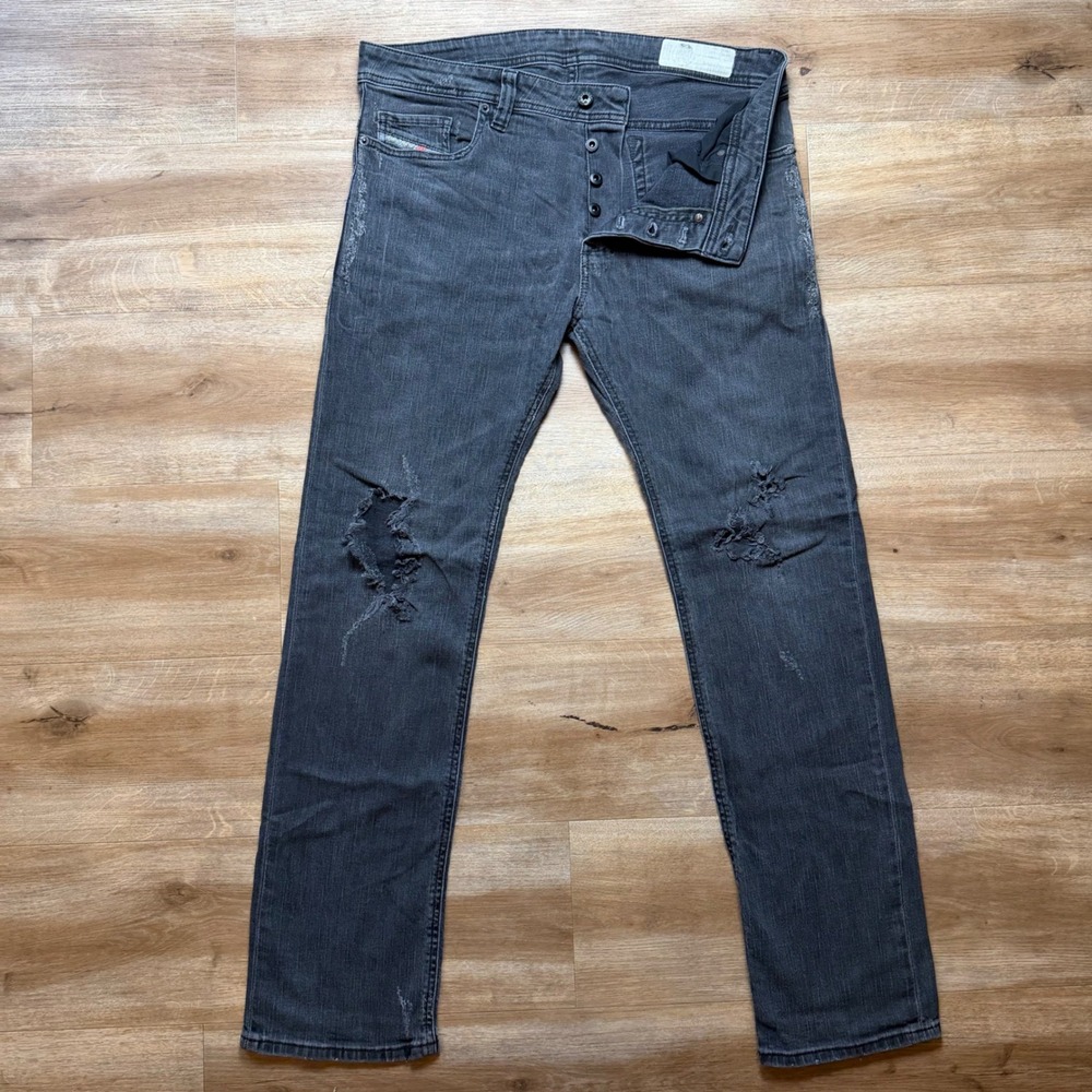 Diesel Jeans Men 33x32 Black Slim Straight Stretch Distressed Button Fly CN013